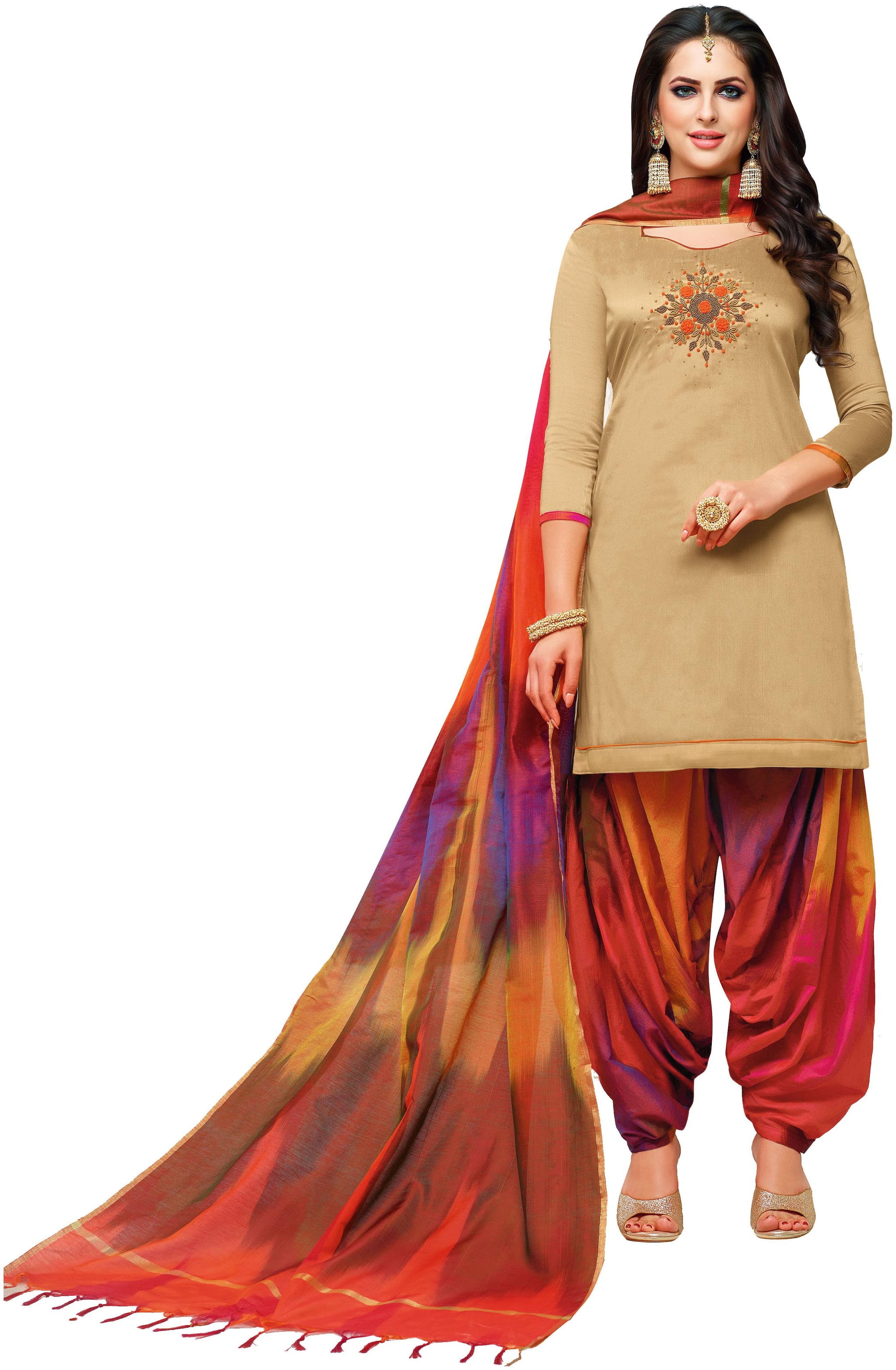 

Viva N Diva Beige Color Silk Embroidered Patiala Dress Material