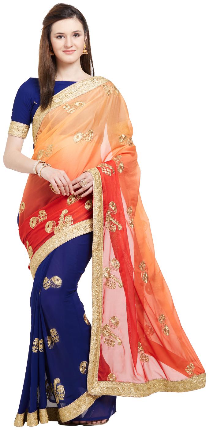 

Viva N Diva Orange Blue Color Georgette Chiffon Half Half Saree With Blouse Piece