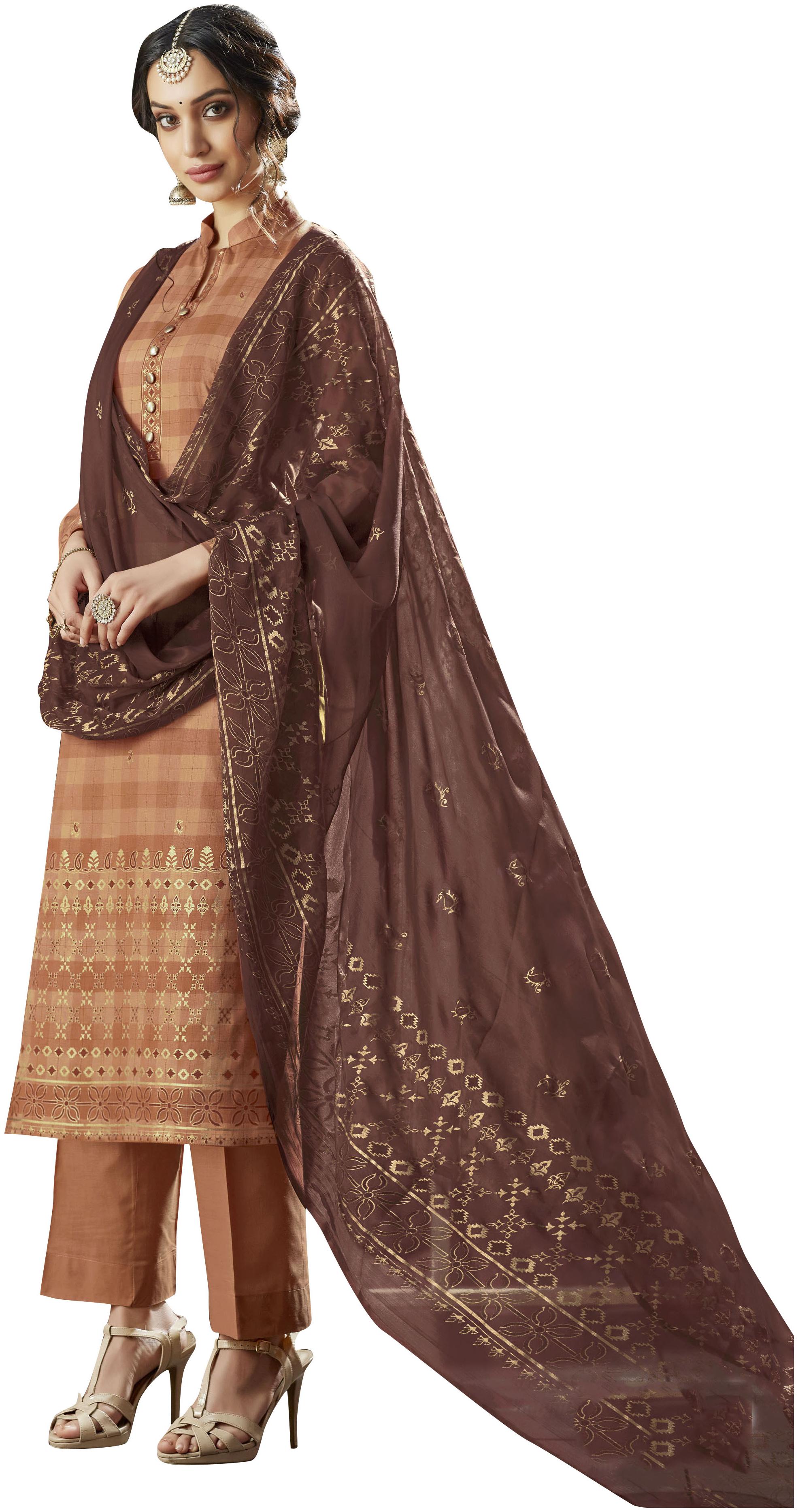 

Viva N Diva Rust Brown Color Poly Cotton Foil Printed Un-Stitched Suit