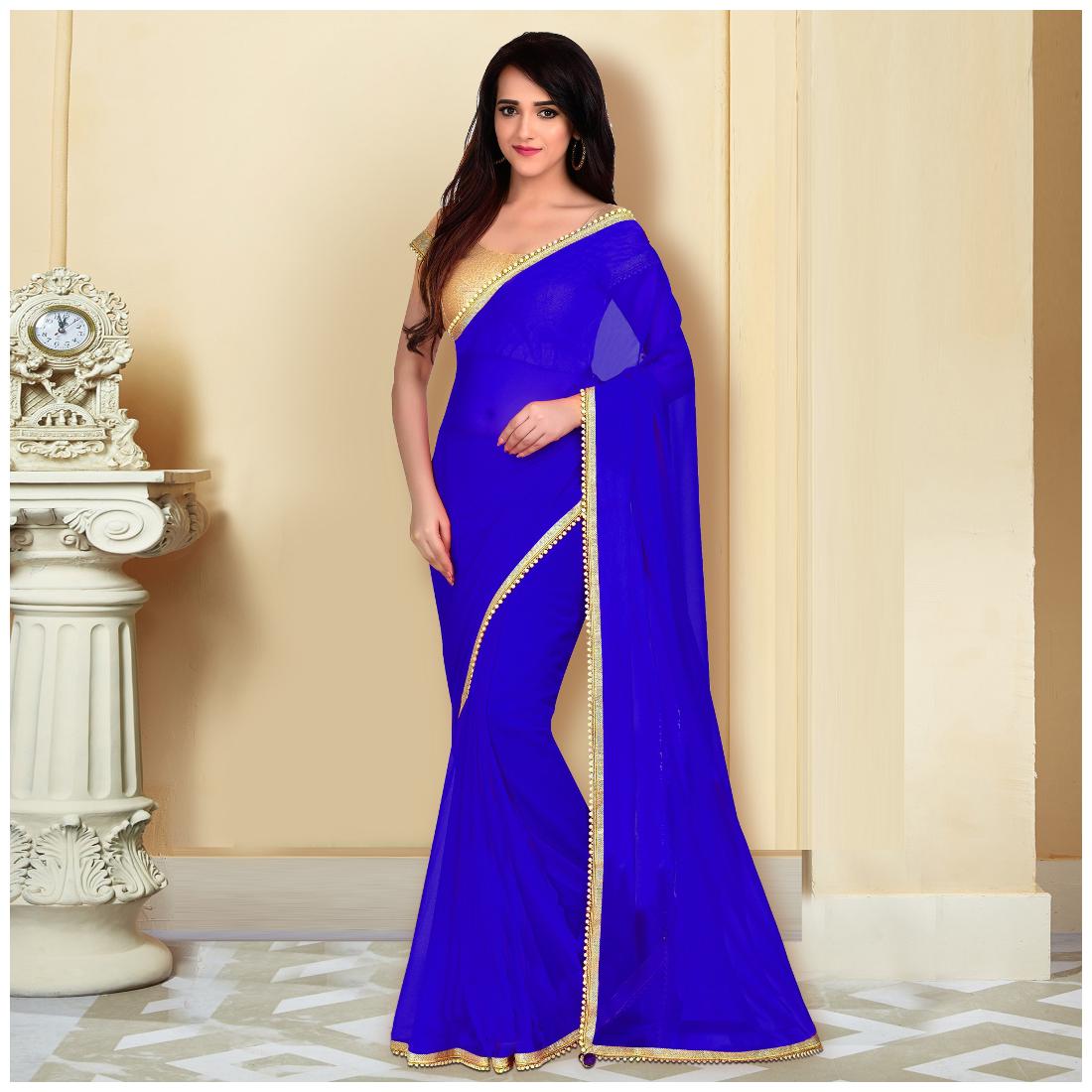

Viva N Diva Blue Solid Universal Designer Saree With blouse