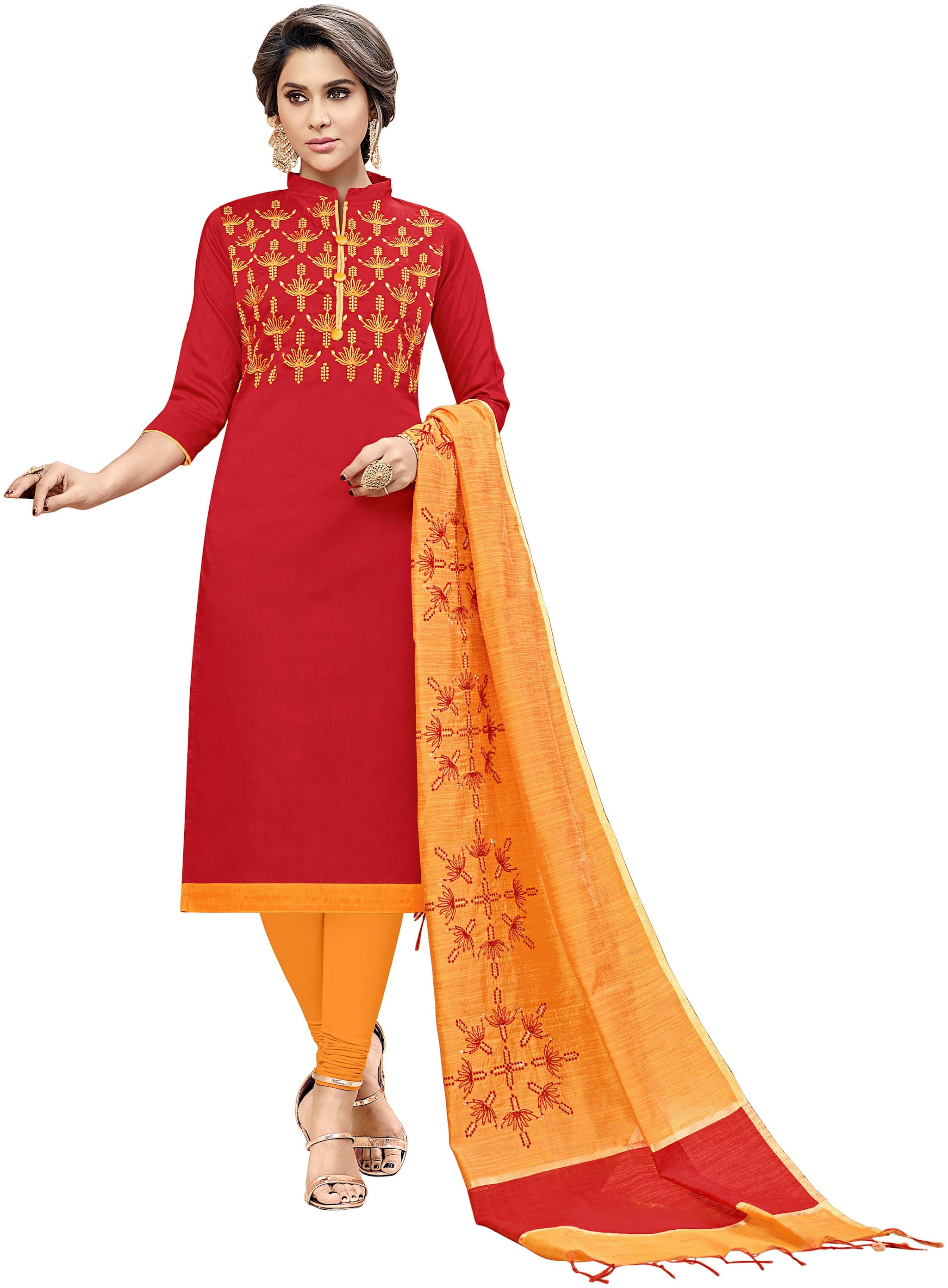 

Viva N Diva Red South Silk Embroidered Dress Material