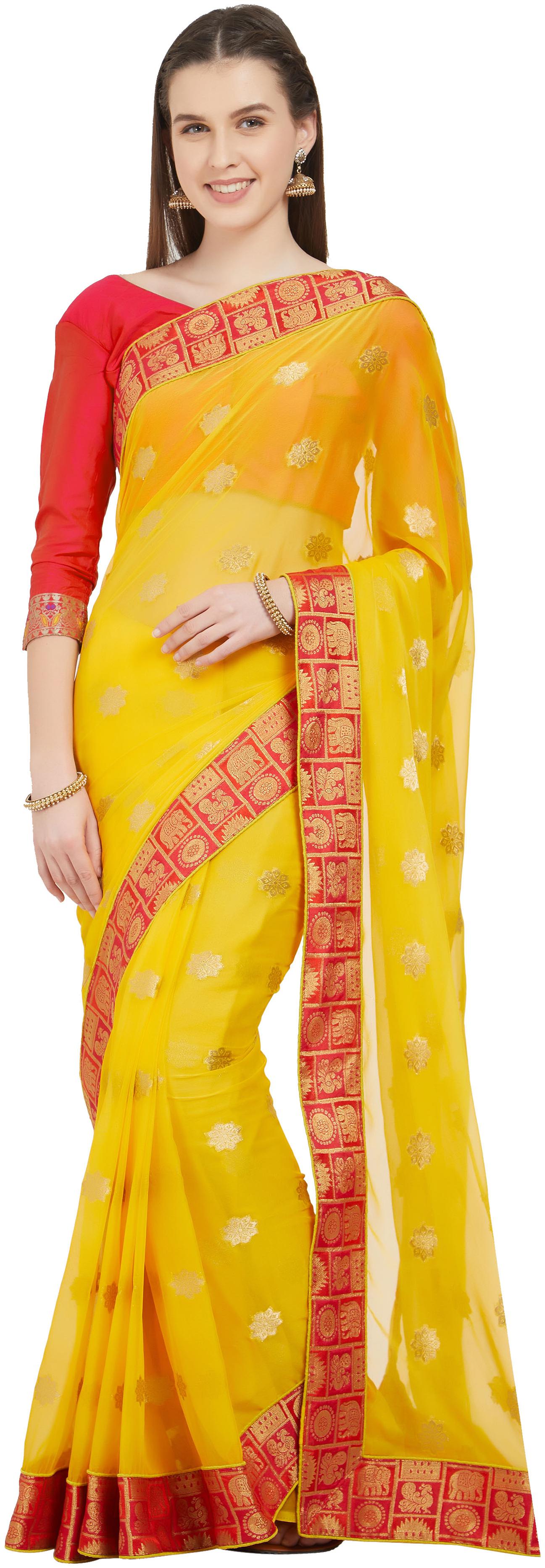 

Viva N Diva Yellow Color Chiffon Silk Saree With Blouse Piece