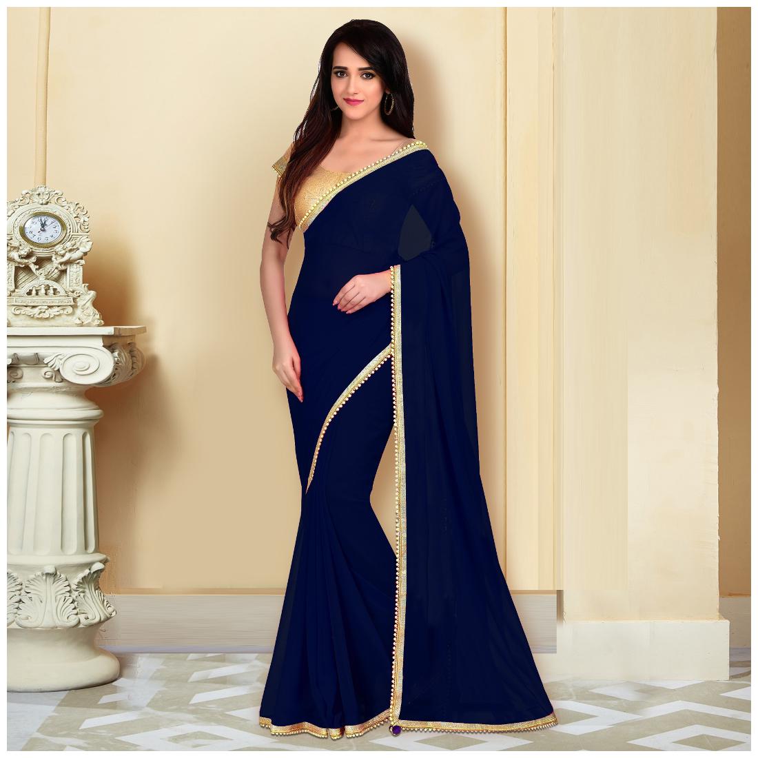 

Viva N Diva Blue Solid Universal Designer Saree With blouse