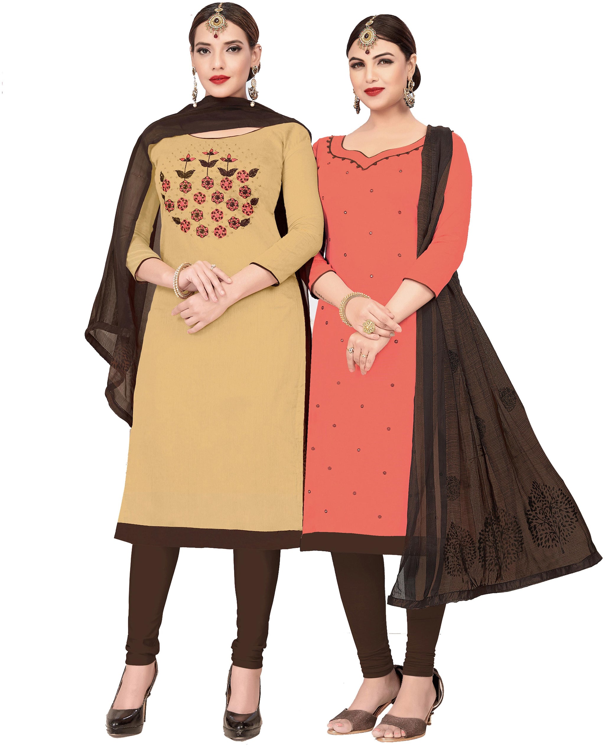 

Viva N Diva Cream Peach Cotton Modal Embroidered Dress Material