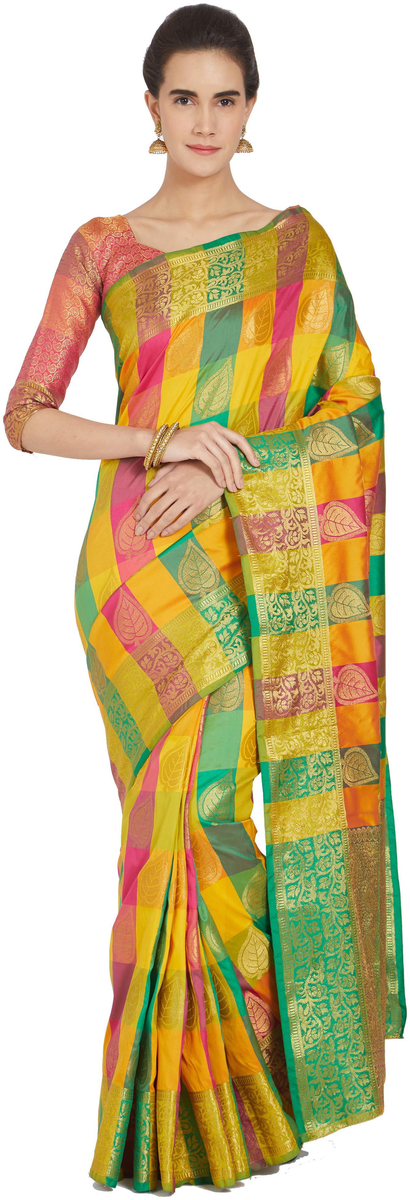 

Viva N Diva Pink Yellow Green Color Banarasi Silk Saree With Blouse Piece