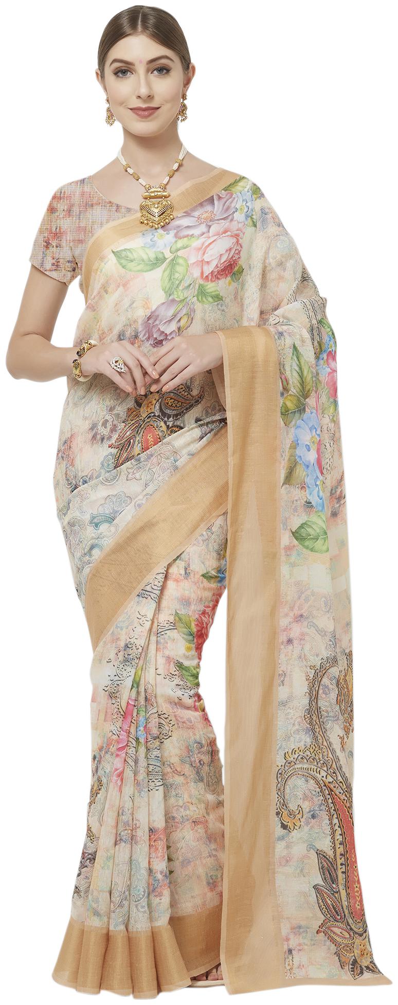 

Viva N Diva Beige Floral Universal Regular Saree With blouse