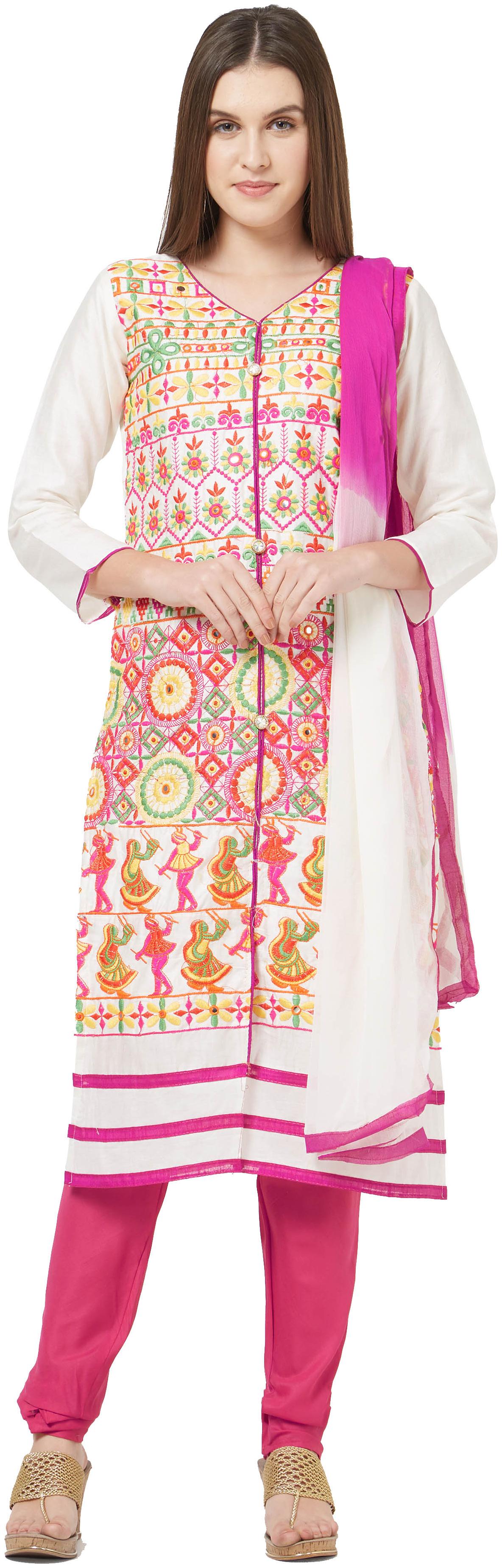 

Viva N Diva Off White Colored Cotton Embroidered Dress Material