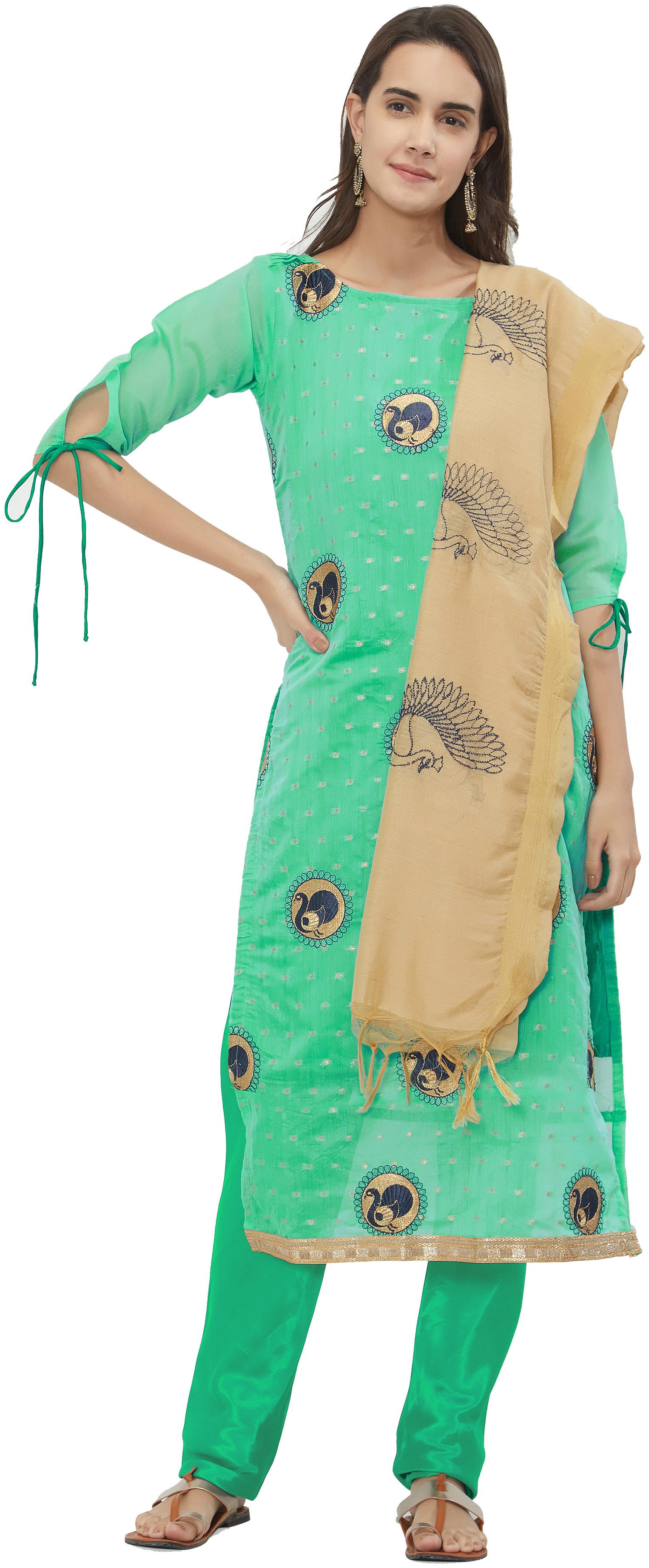

Viva N Diva Sea Green Color Modal Chanderi Dress Material