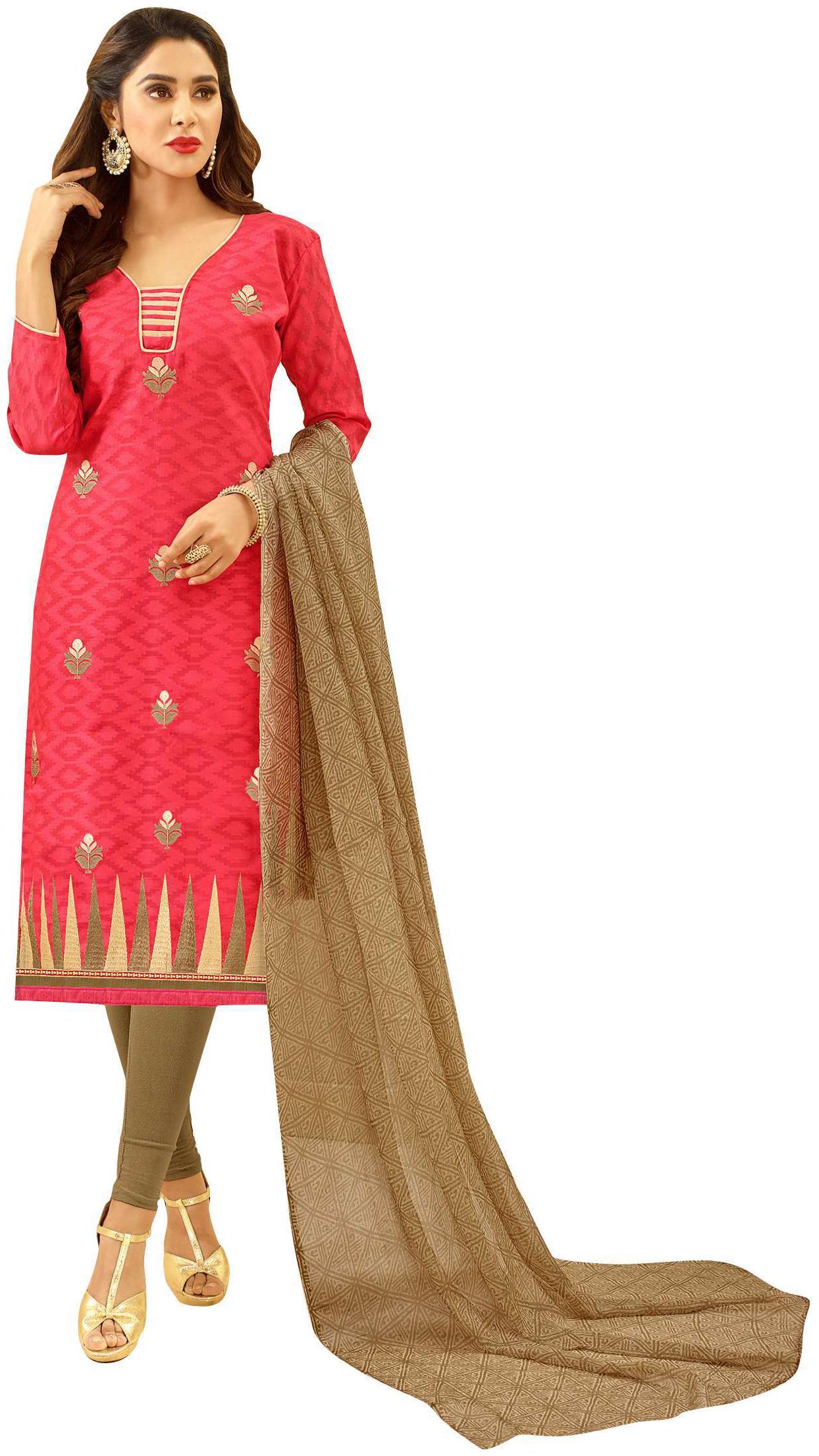 

Viva N Diva Pink Color Cotton Jacquard Embroidered Dress Material