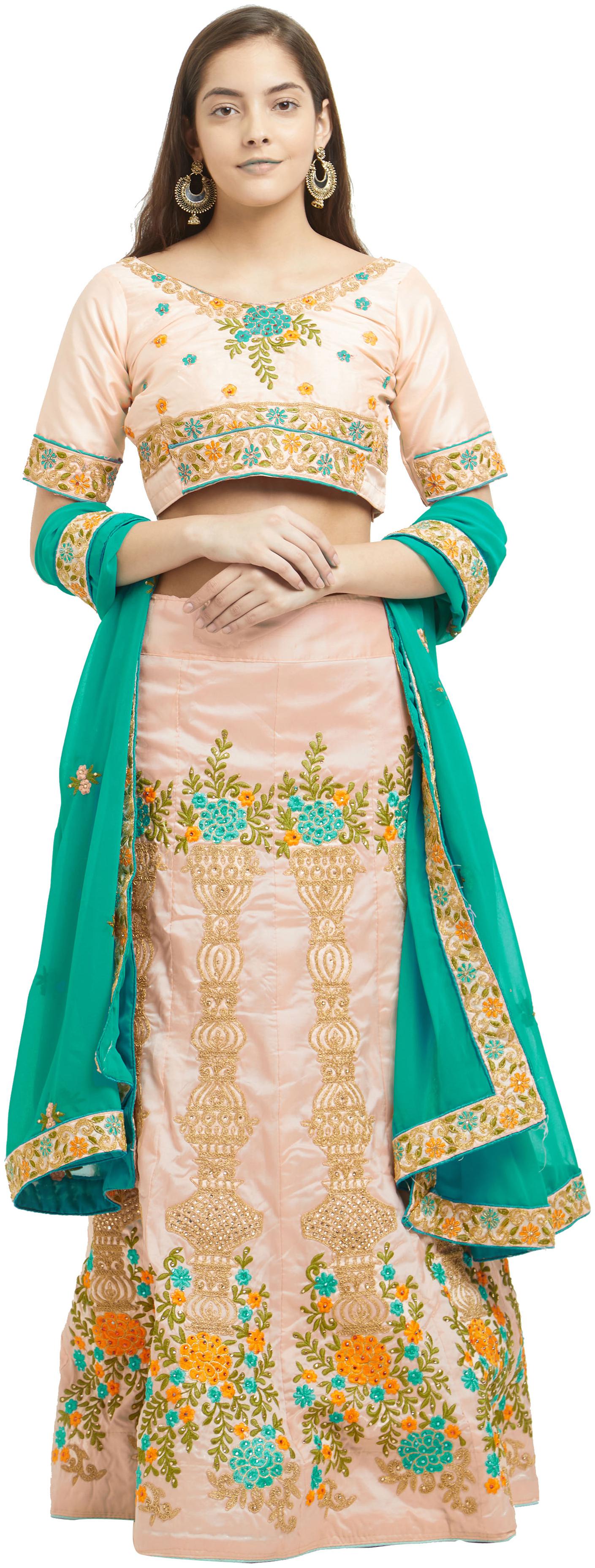 

Viva N Diva Women Peach Green Colored Zilmil Silk Lehenga