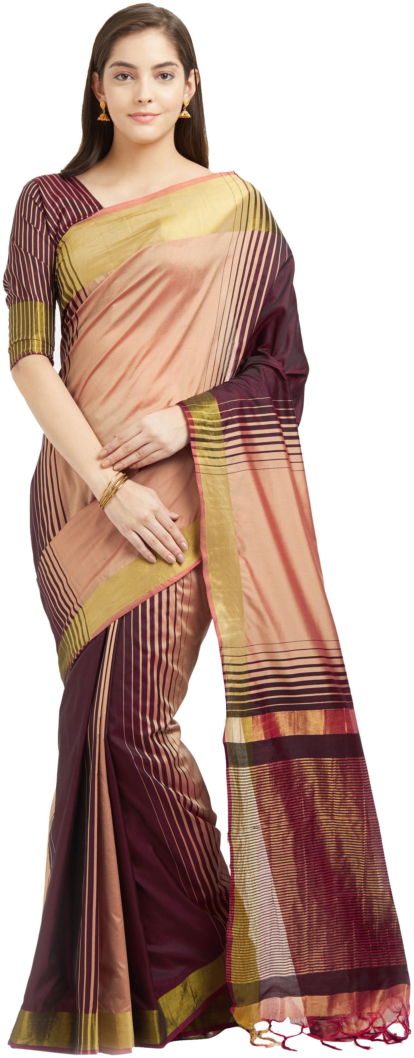 

Viva N Diva Maroon Peach Color Cotton Silk Saree With Blouse Piece