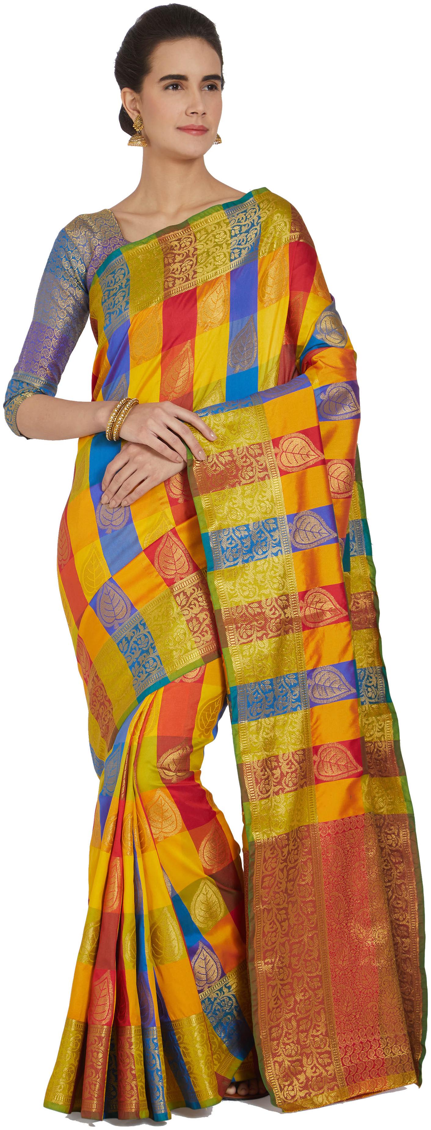 

Viva N Diva Yellow Blue Red Color Banarasi Silk Saree With Blouse Piece