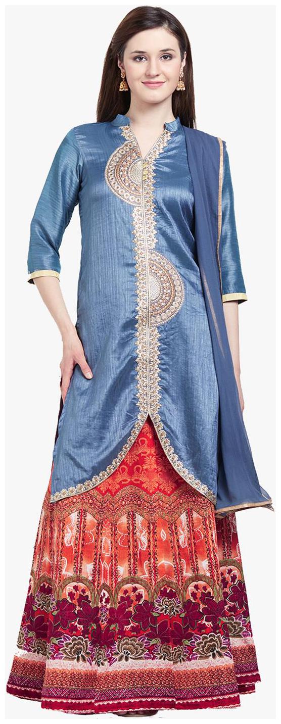 

Viva N Diva Grey Red Colour Banarasi Art Silk Semi Stiched Lehenga Suit