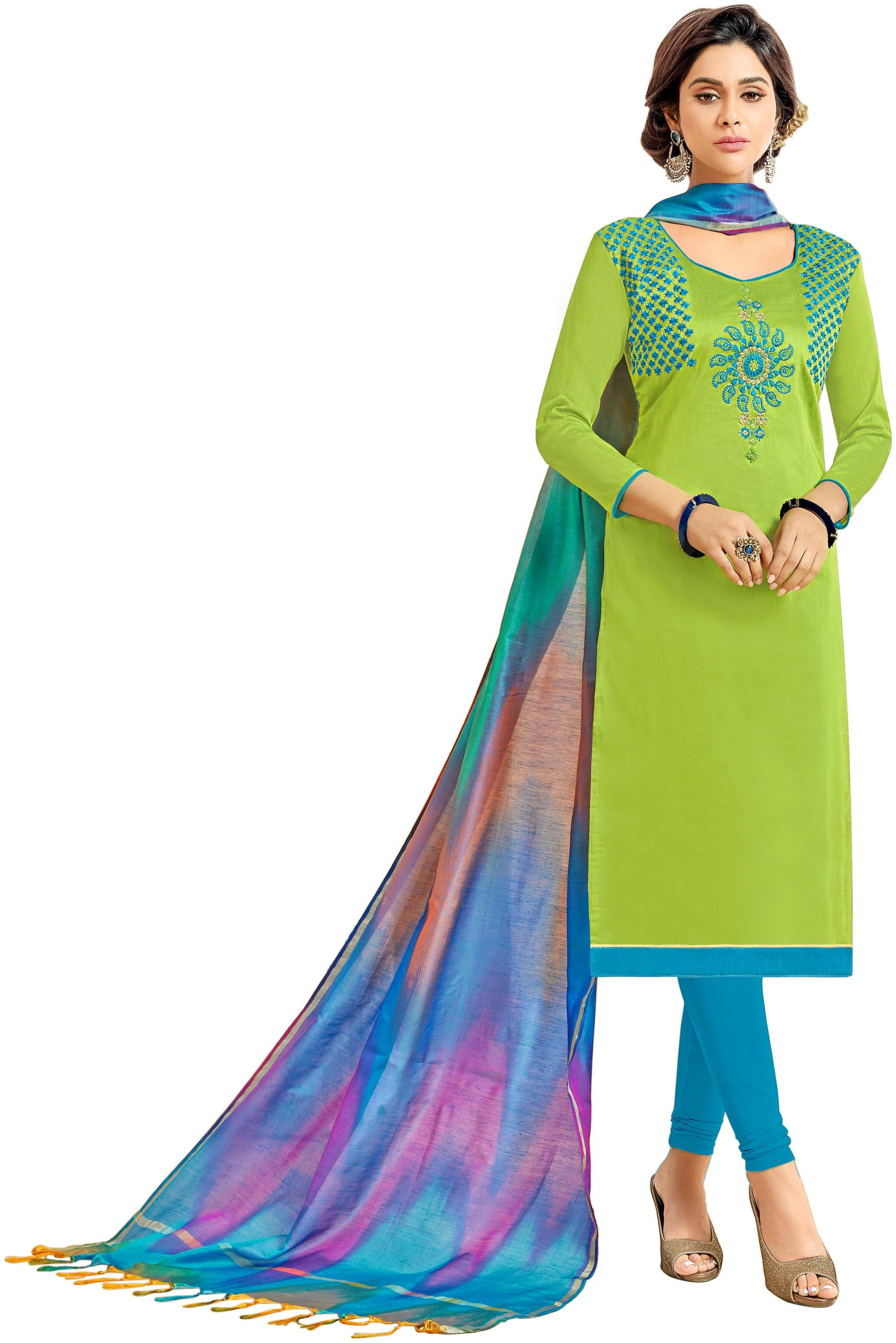 

Viva N Diva Parrot Green Cotton Slub Embroidered Dress Material