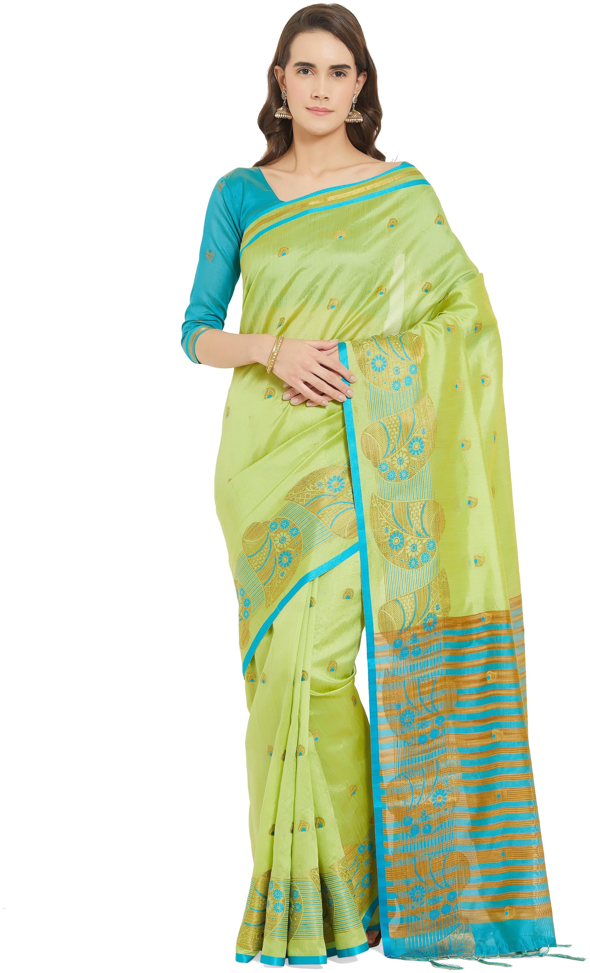 

Viva N Diva Yellow Blue Color Art Silk Saree With Unstitched Blouse Piece