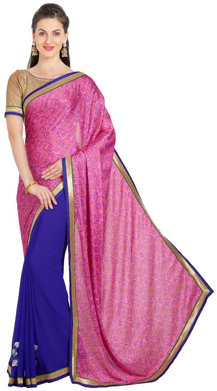 

Viva N Diva Pink Blue Color Chiffon Saree With Blouse Piece