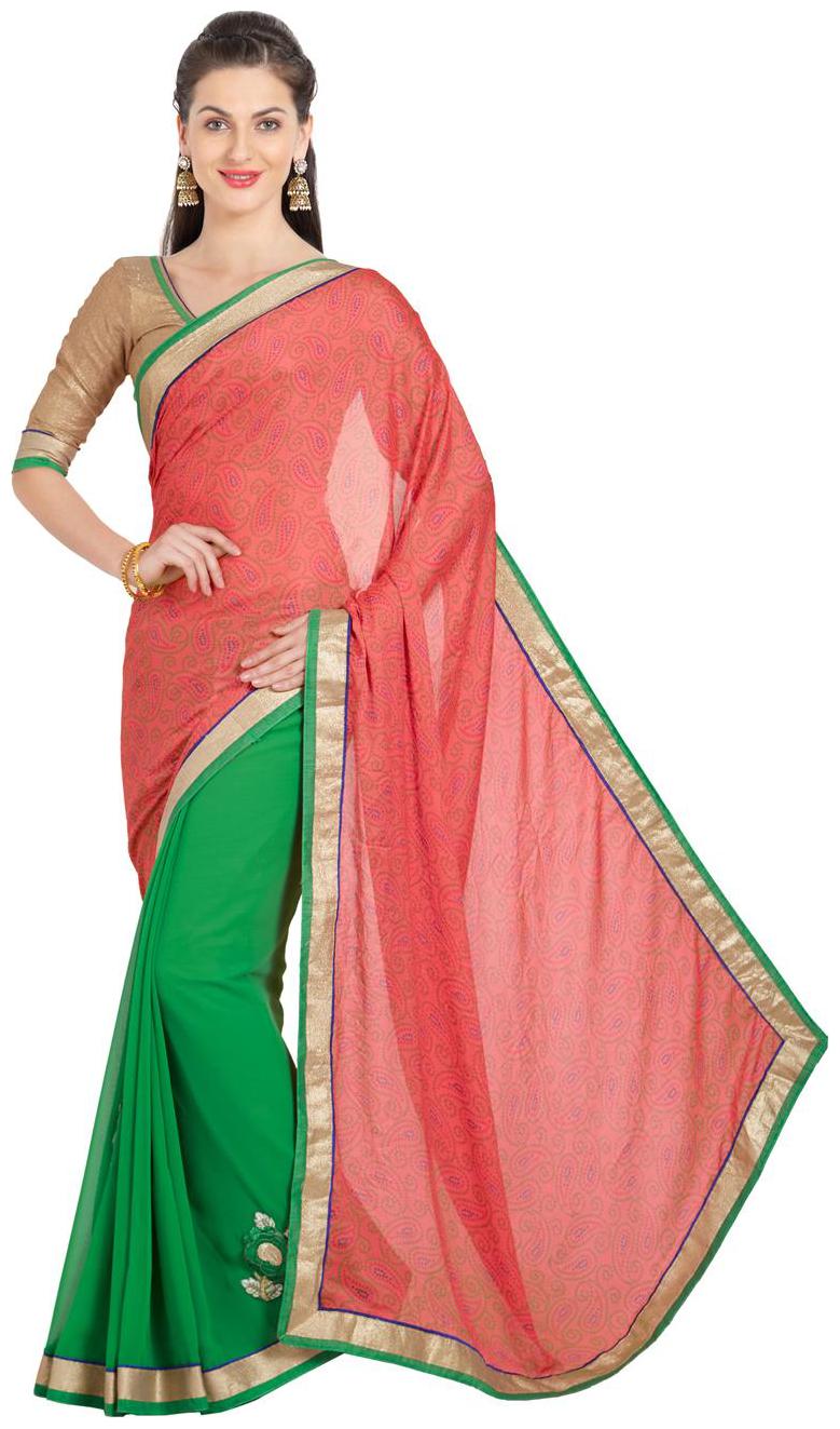 

Viva N Diva Peach Green Color Chiffon Saree With Blouse Piece