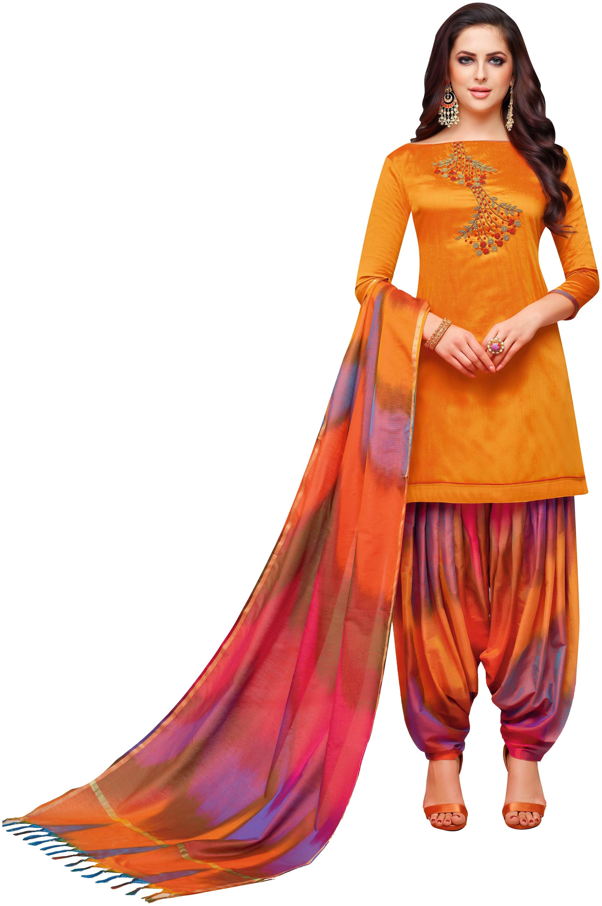

Viva N Diva Orange Color Silk Embroidered Patiala Dress Material
