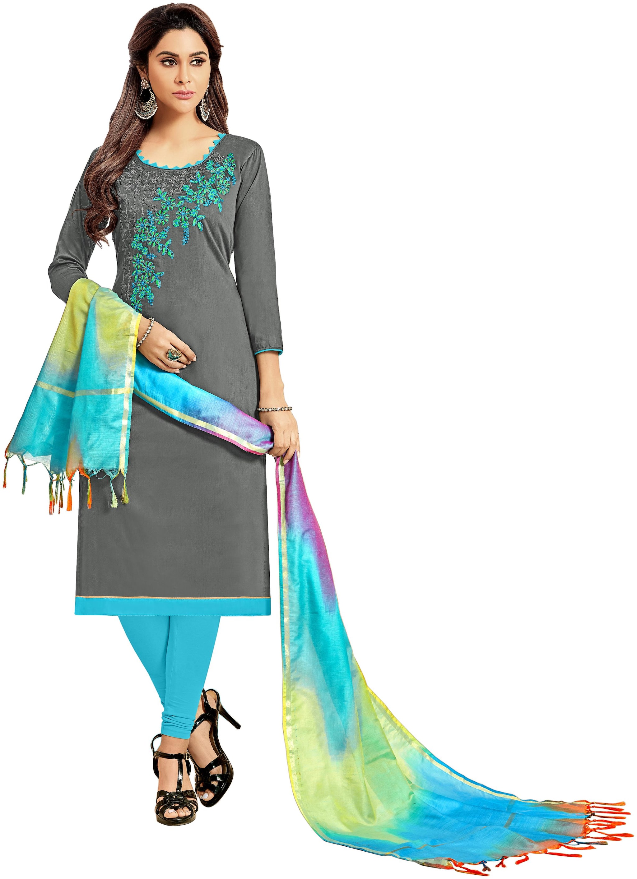 

Viva N Diva Grey Cotton Slub Embroidered Dress Material
