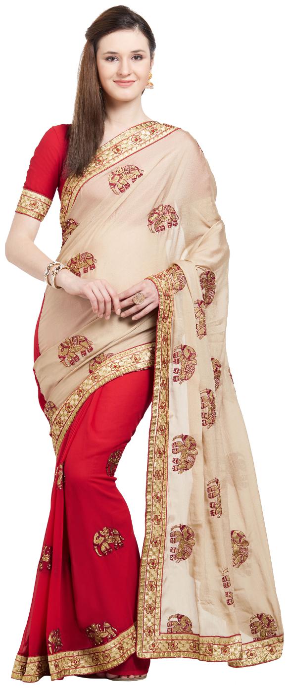 

Viva N Diva Beige Red Color Georgette Chiffon Half Half Saree With Blouse Piece