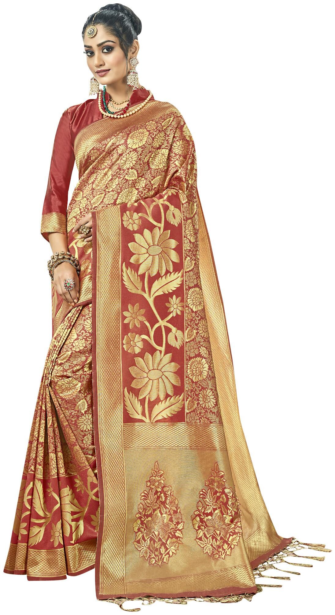 

Viva N Diva Maroon Color Heavy Kajnivaram Art Silk Saree With Blouse Piece