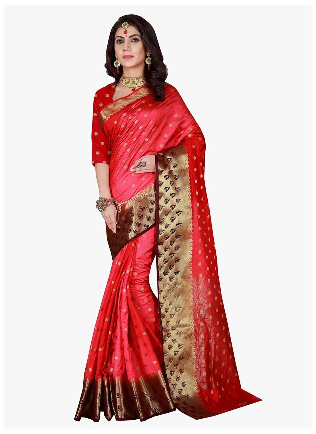 

Viva N Diva Shaded Red Color Banarasi Silk Saree With Blouse Piece