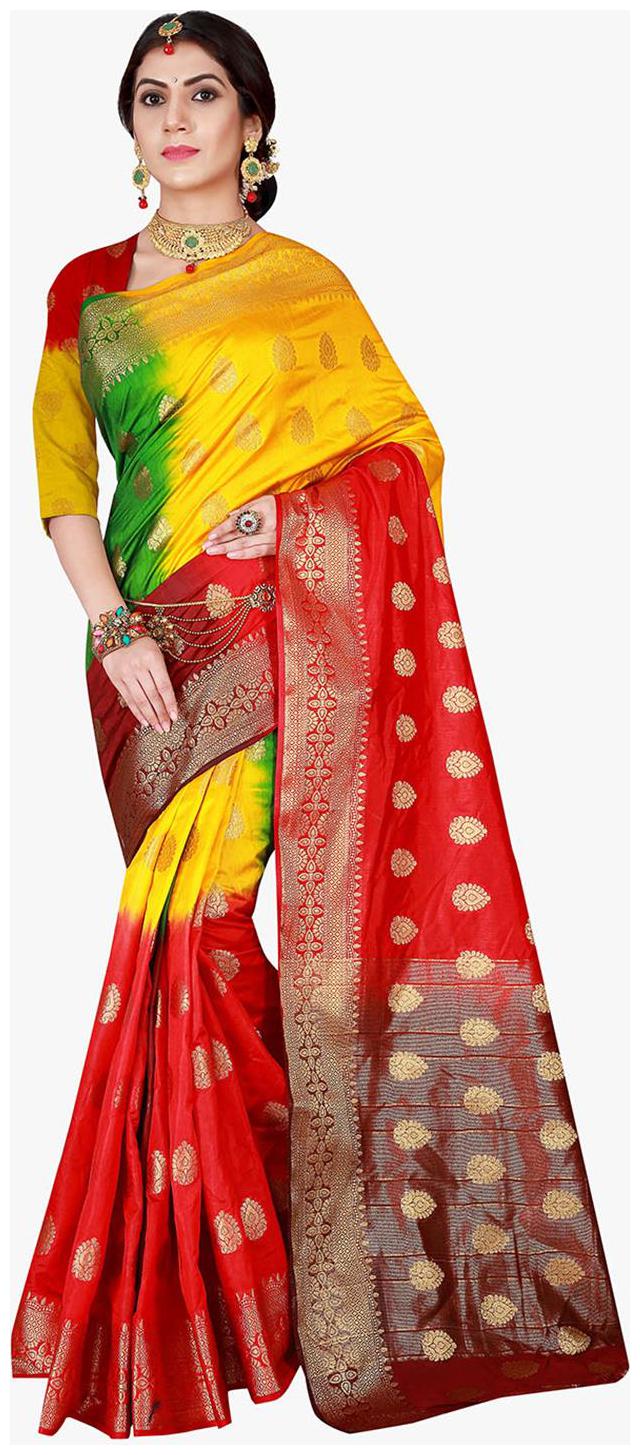 

Viva N Diva Red Yellow Color Banarasi Silk Saree With Blouse Piece