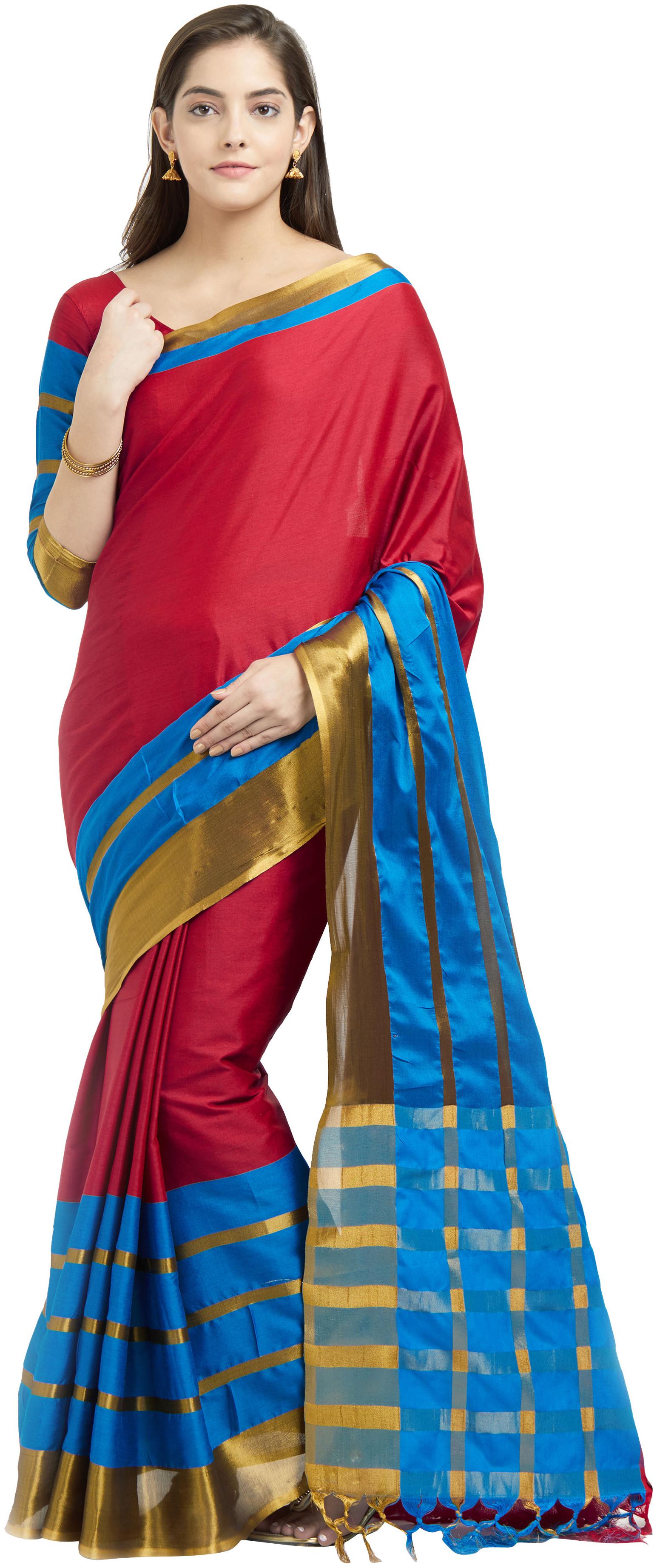 

Viva N Diva Dark Pink Blue Color Cotton Silk Saree With Blouse