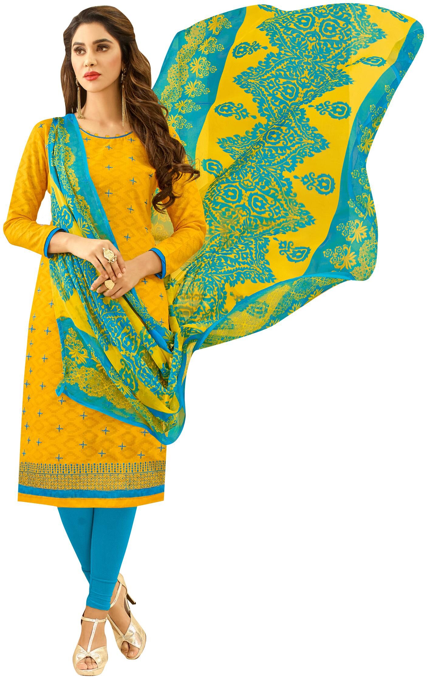 

Viva N Diva Yellow Color Cotton Jacquard Embroidered Dress Material