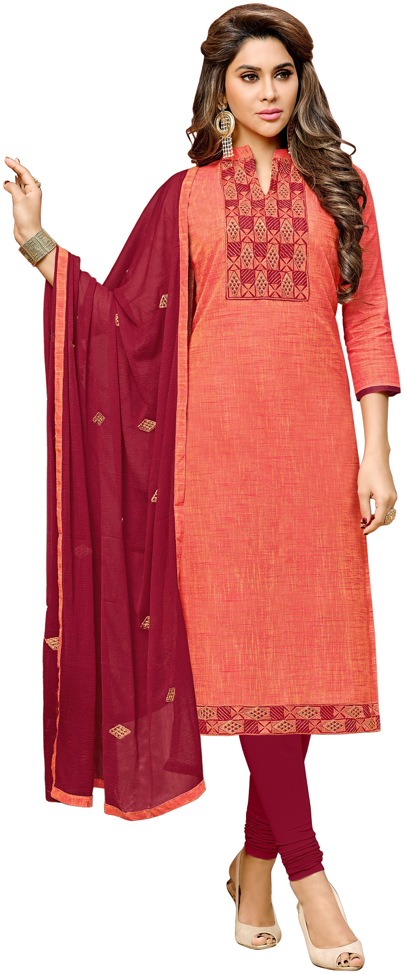 

Viva N Diva Peach Handloom Cotton Embroidered Dress Material