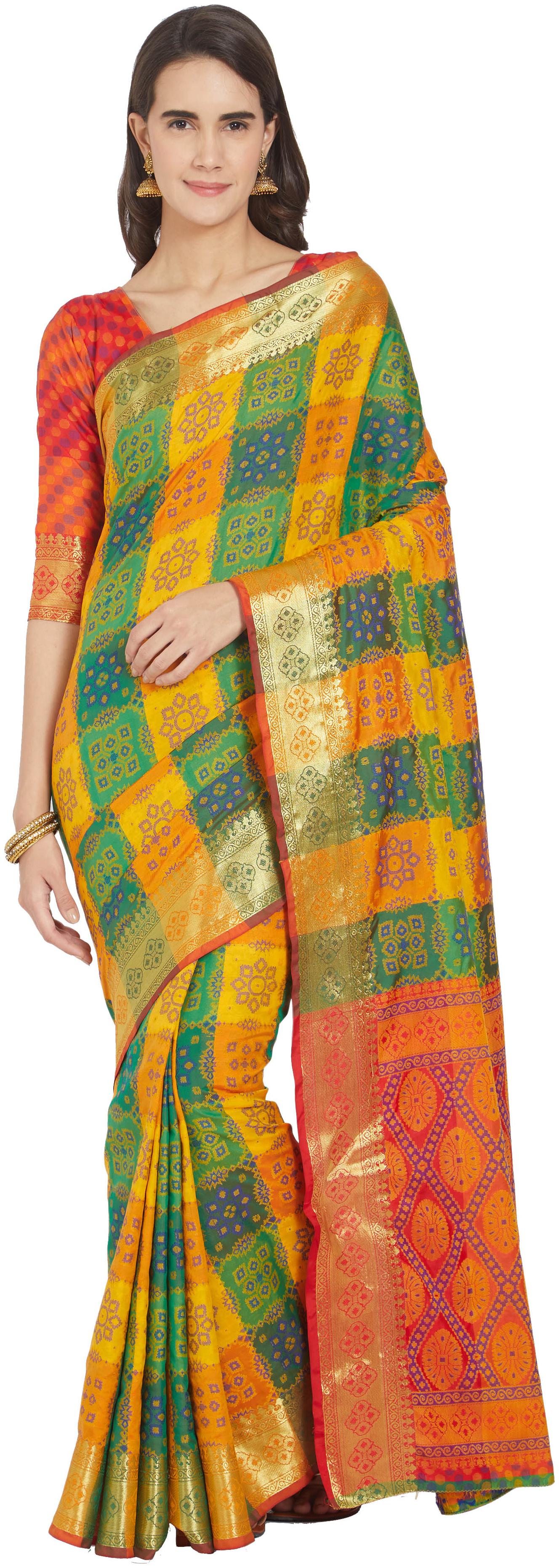 

Viva N Diva Yellow Red Green Color Banarasi Silk Saree With Blouse Piece