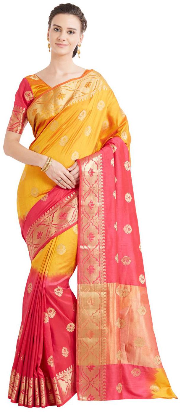

Viva N Diva Shaded Pink Mustard Color Art Silk Kanchipuram Saree With Blouse Piece