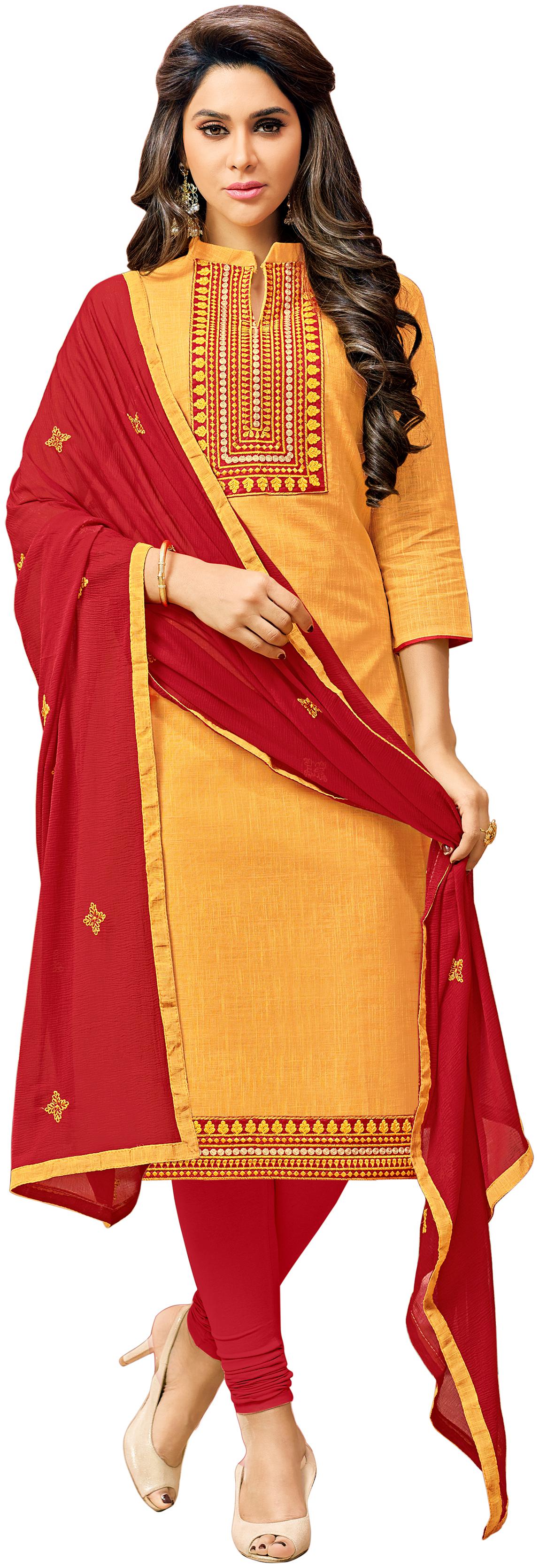

Viva N Diva Yellow Handloom Cotton Embroidered Dress Material