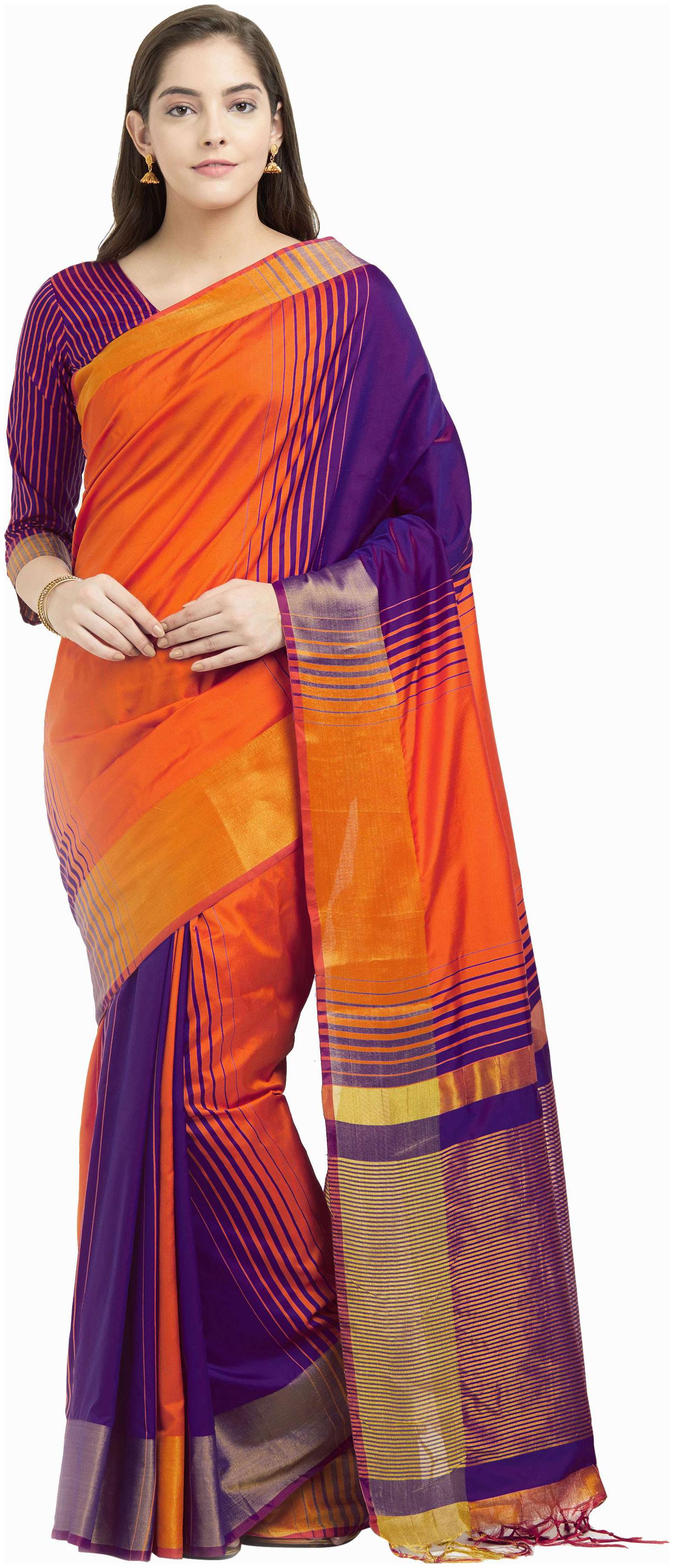 

Viva N Diva Orange Purple Color Cotton Silk Saree With Blouse Piece