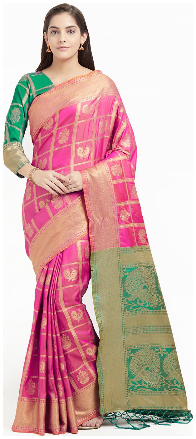 

Viva N Diva Pink Green Color Patola Silk Saree With Blouse Piece