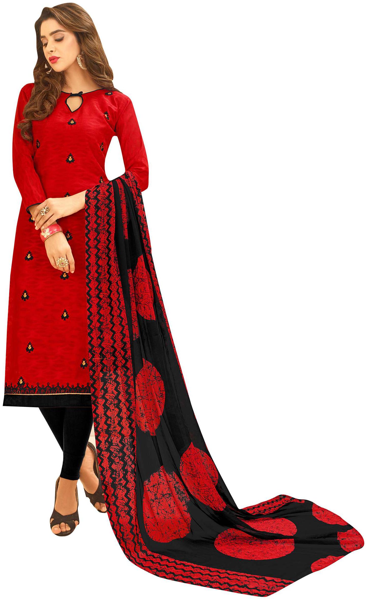 

Viva N Diva Red Color Cotton Jacquard Embroidered Dress Material