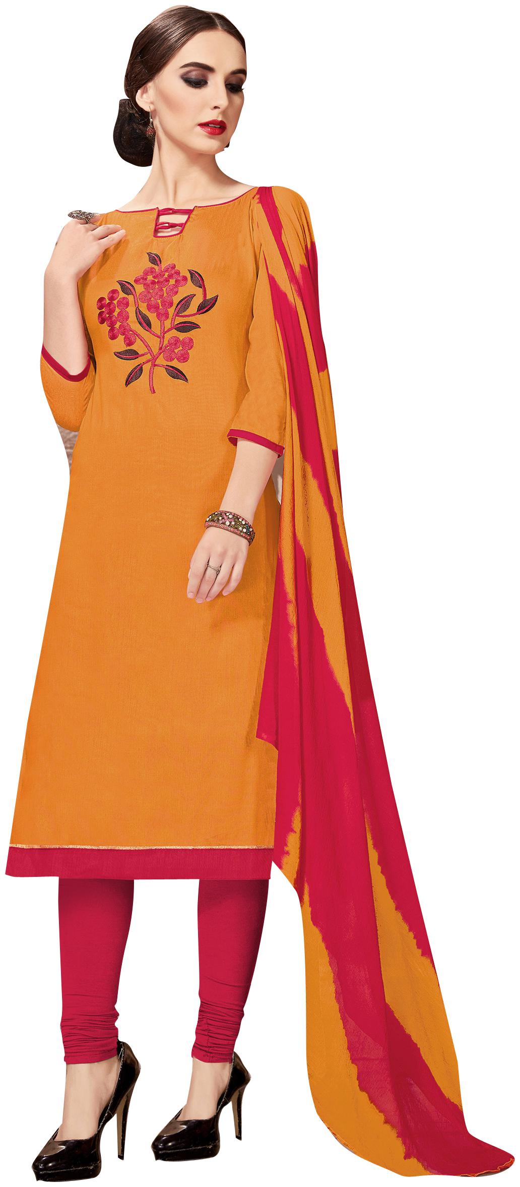 

Viva N Diva Mustard Orange Cotton Embroidered Dress Material