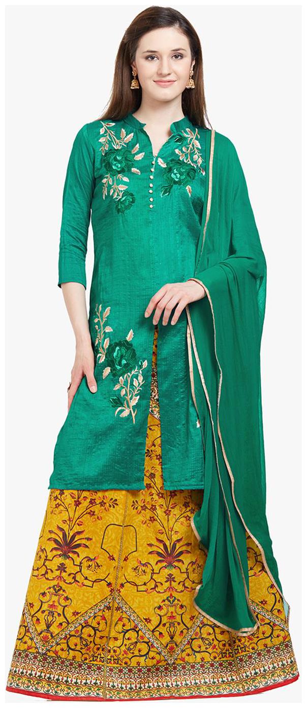 

Viva N Diva Green Yellow Colour Banarasi Art Silk Semi Stiched Lehenga Suit