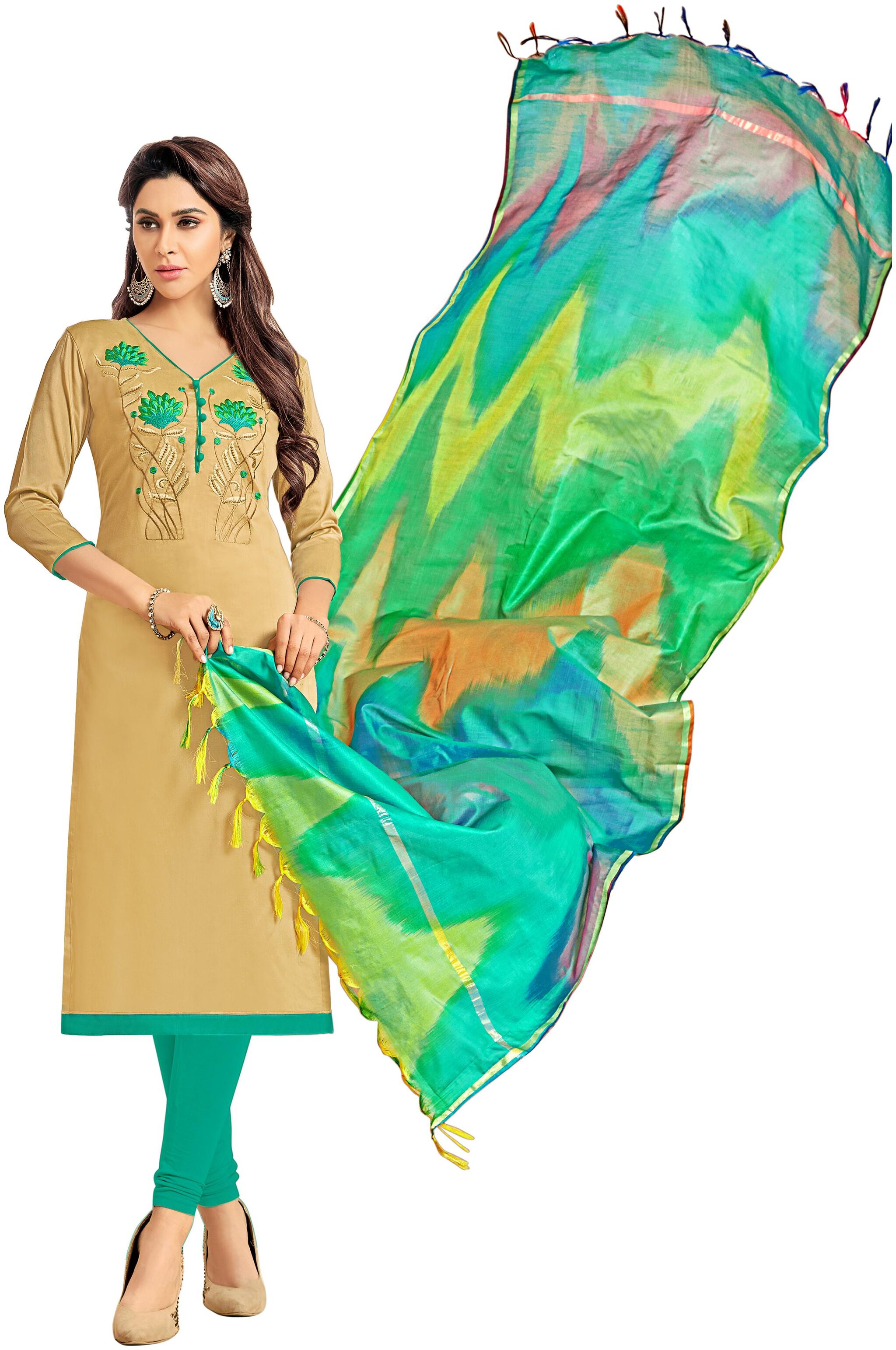 

Viva N Diva Beige Cotton Slub Embroidered Dress Material