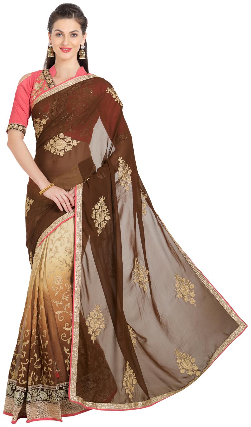 

Viva N Diva Brown Color Georgette Net Embroidery Lehenga Saree