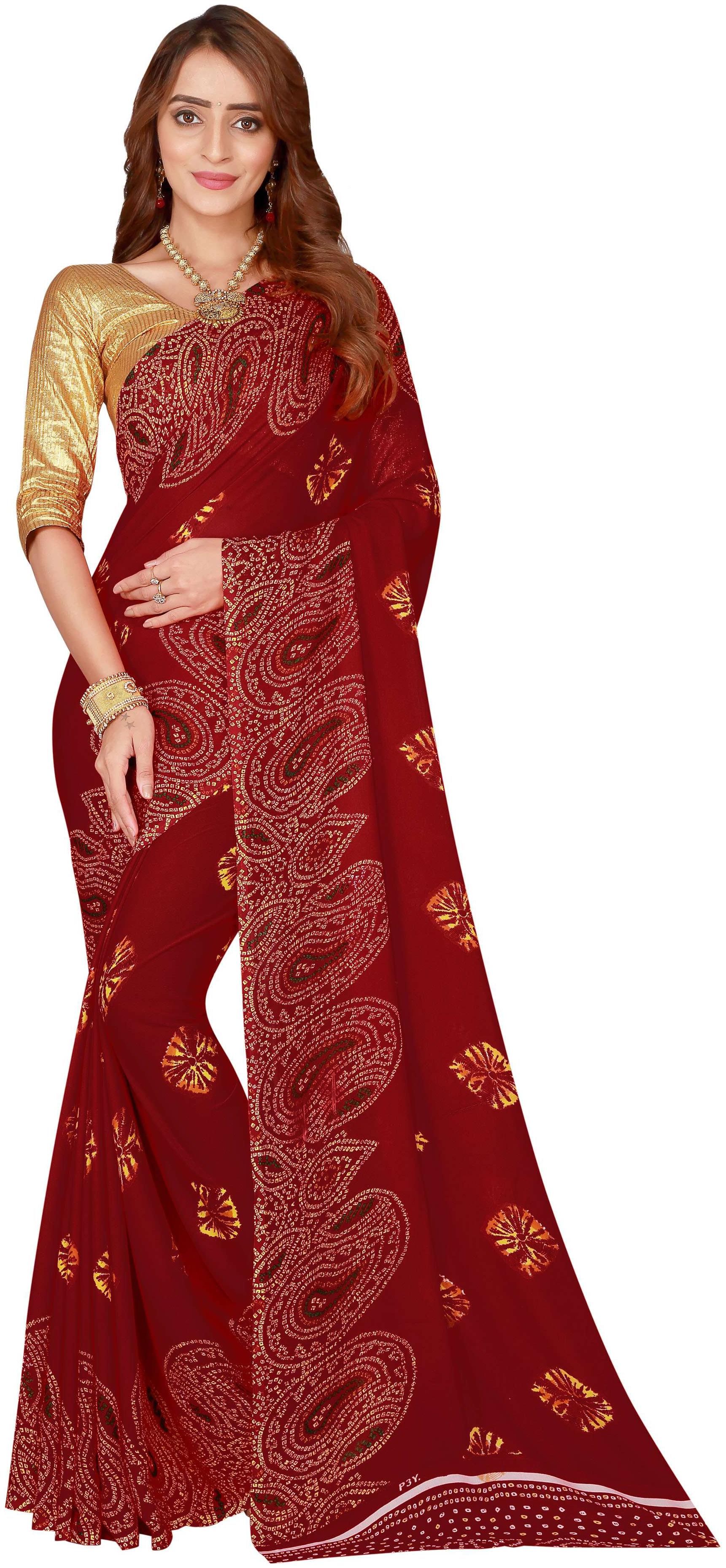 

Viva N Diva Red Color Poly Georgette Bandhani Print Saree With Blouse