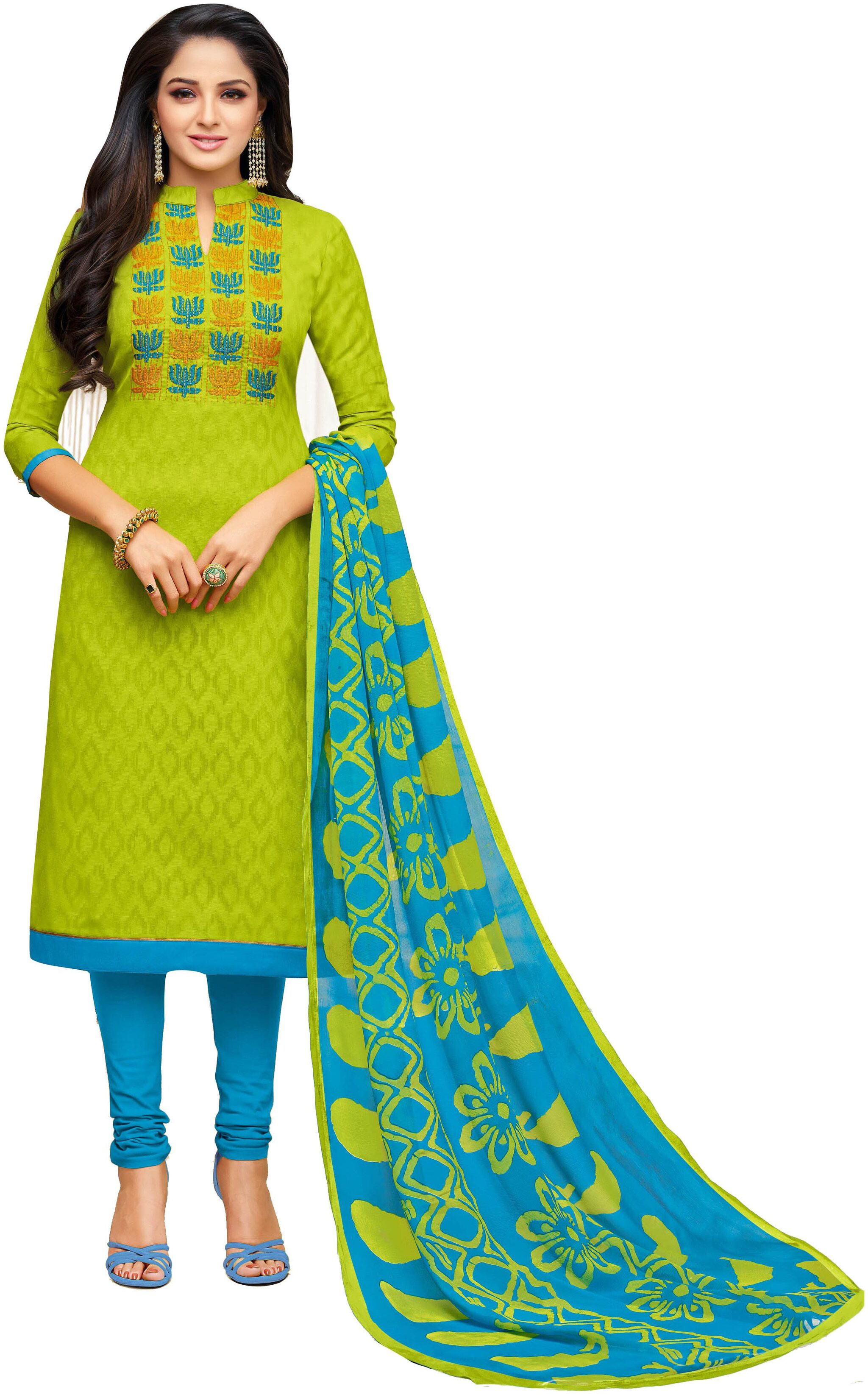 

Viva N Diva Parrot Green Color Jacquard Dress Material