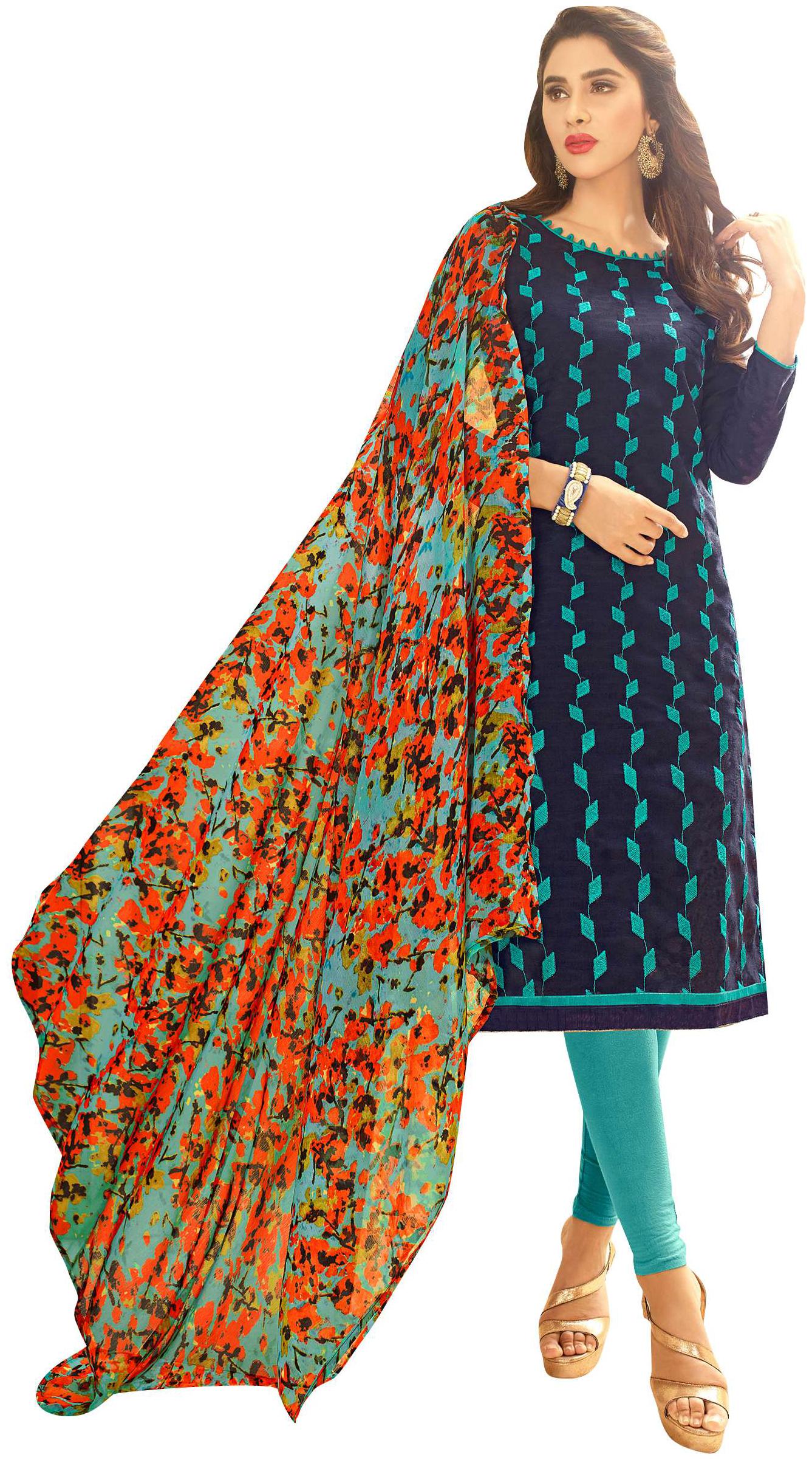 

Viva N Diva Navy Blue Color Cotton Jacquard Embroidered Dress Material