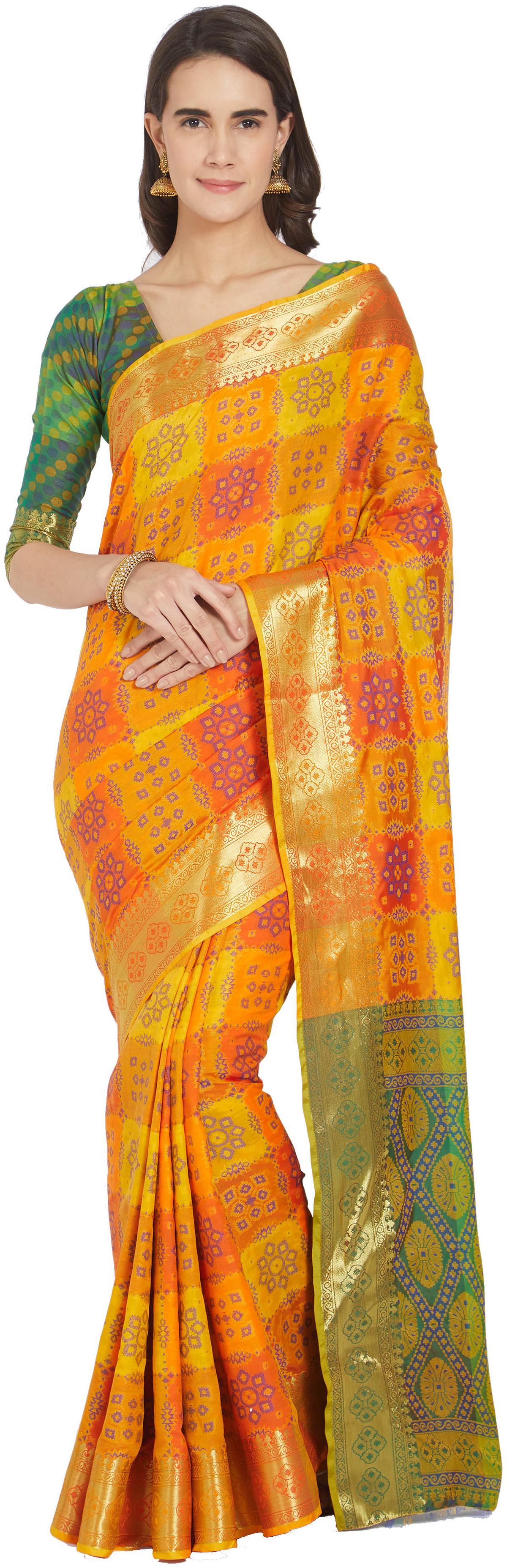 

Viva N Diva Yellow Orange Green Color Banarasi Silk Saree With Blouse Piece