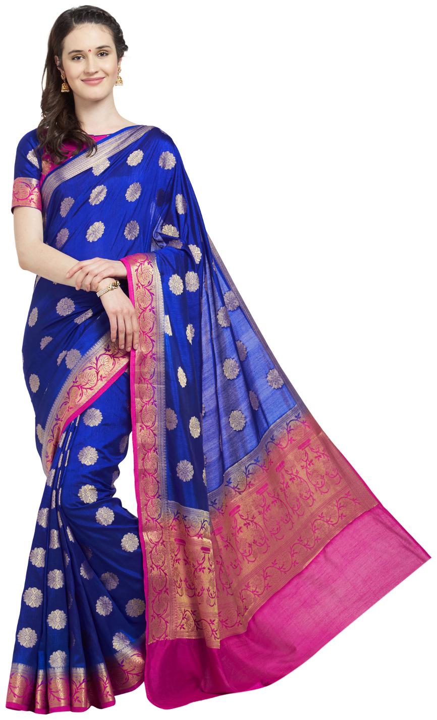 

Viva N Diva Royal Blue Pink Banarasi Art Silk Saree With Blouse Piece