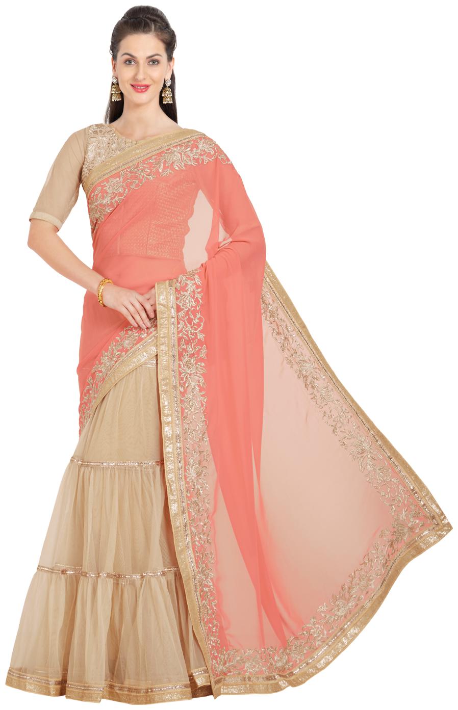 

Viva N Diva Light Orange Color Georgette Net Embroidery Lehenga Saree