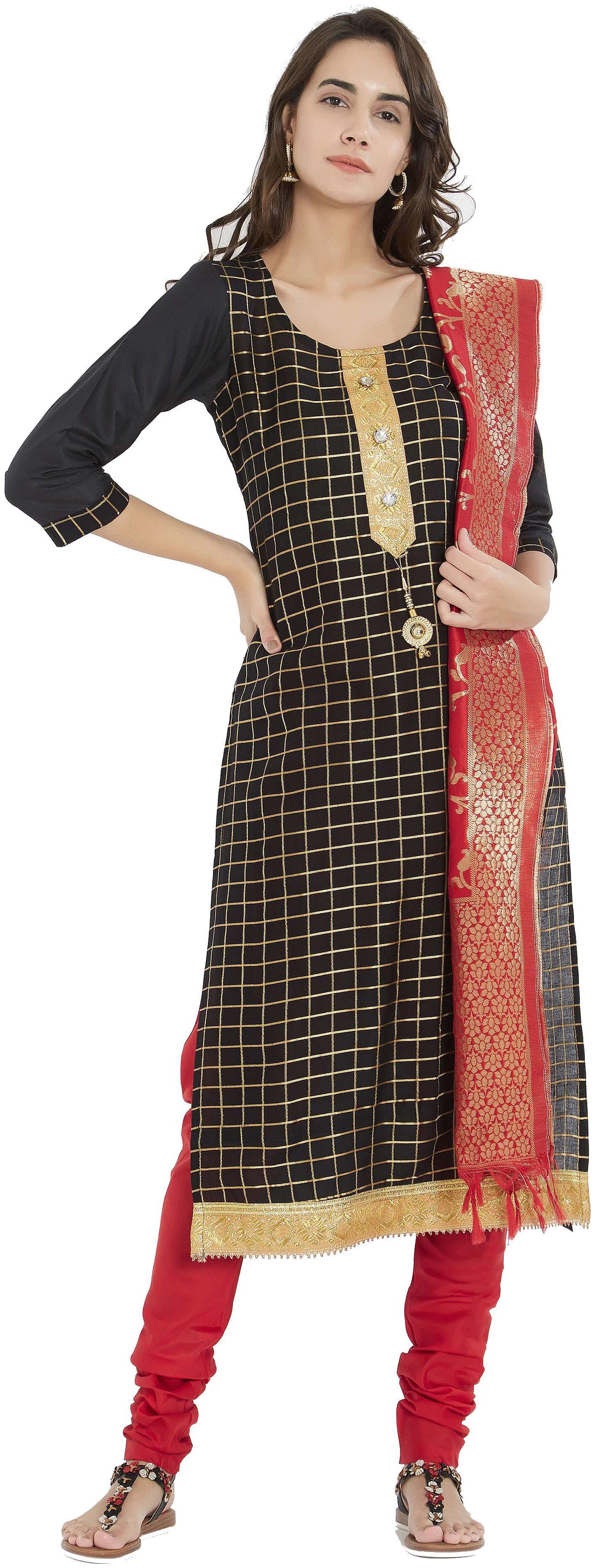 

Viva N Diva Black Color Banarasi Silk Dress Material With Dupatta