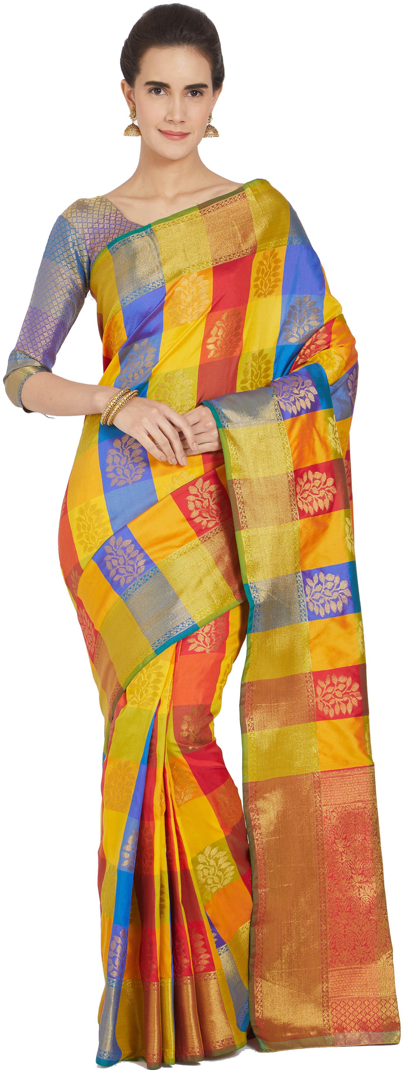 

Viva N Diva Yellow Blue Red Color Banarasi Silk Saree With Blouse Piece