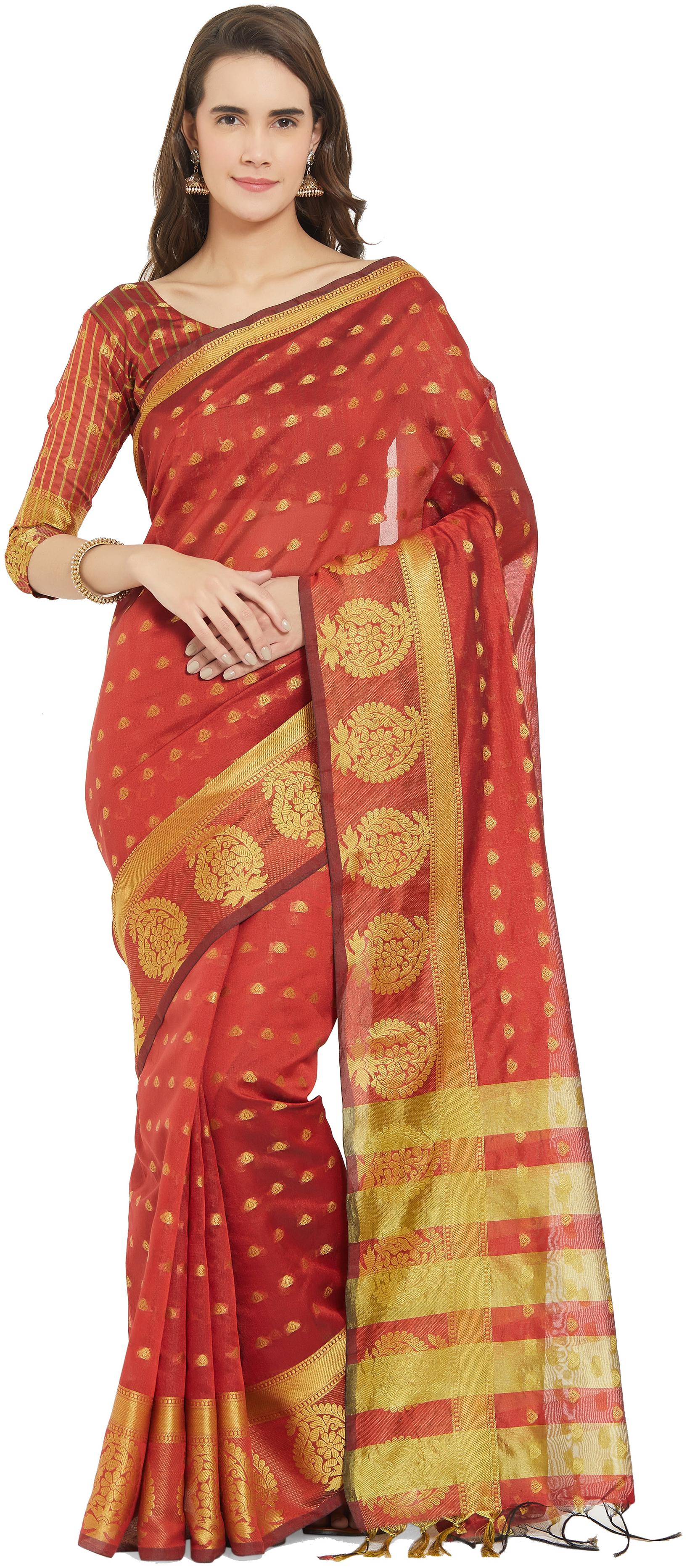 

Viva N Diva Rust Color Banarasi Art Silk Saree With Unstitched Blouse Piece