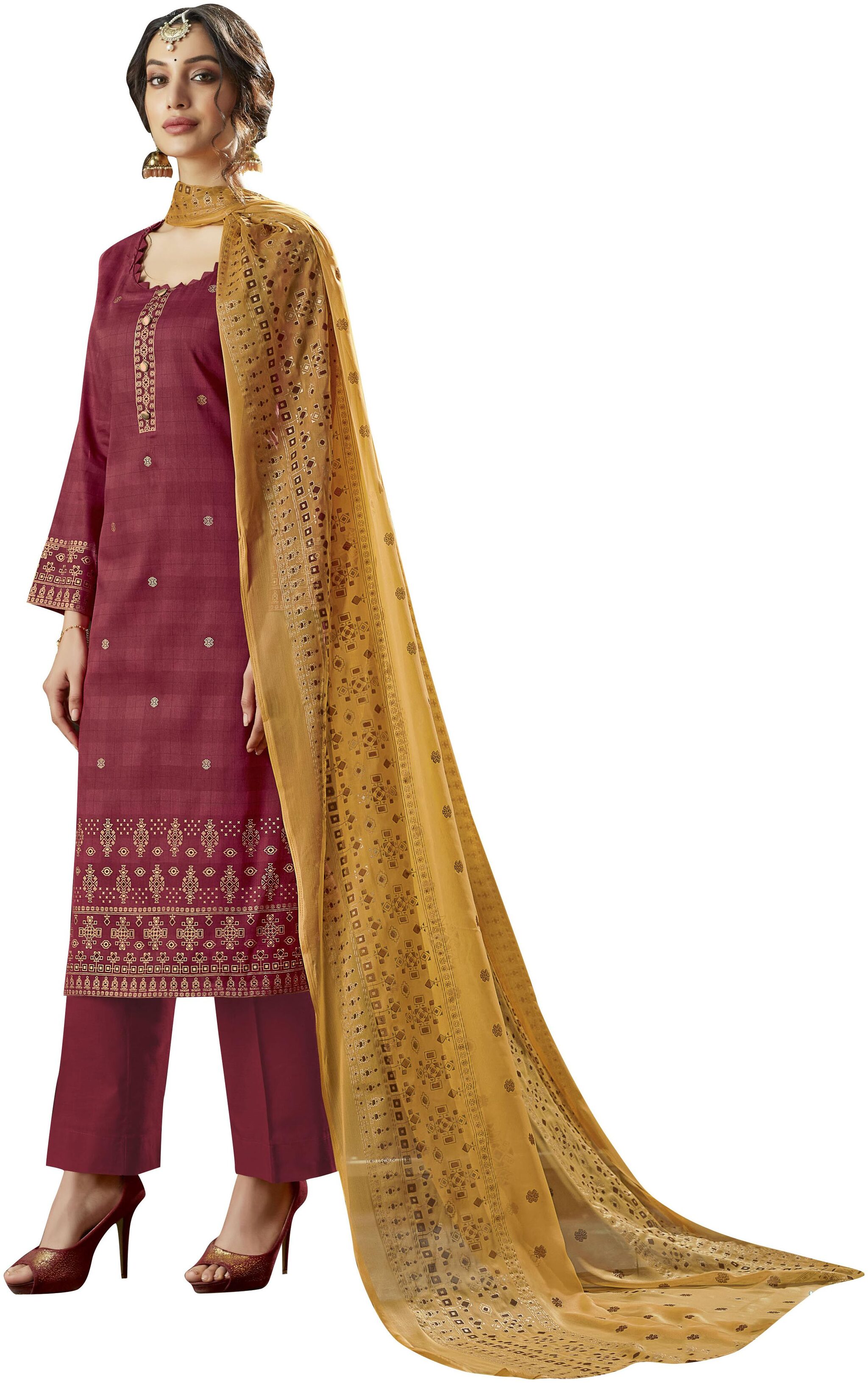

Viva N Diva Dark Pink Color Poly Cotton Foil Printed Un-Stitched Suit